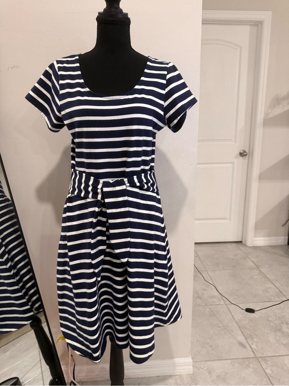 Organic Cotton Hope & Henry Navy & White Striped Tie-Waist  Dress